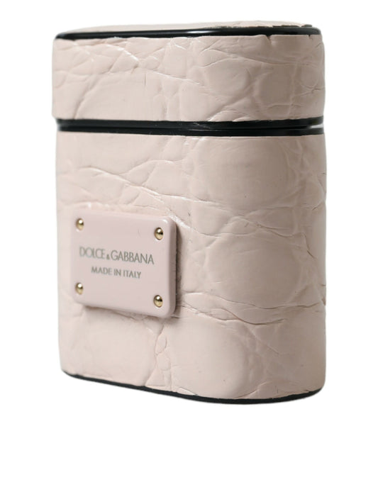 Funda para Airpods Dolce & Gabbana de piel de becerro rosa claro con placa metálica del logo