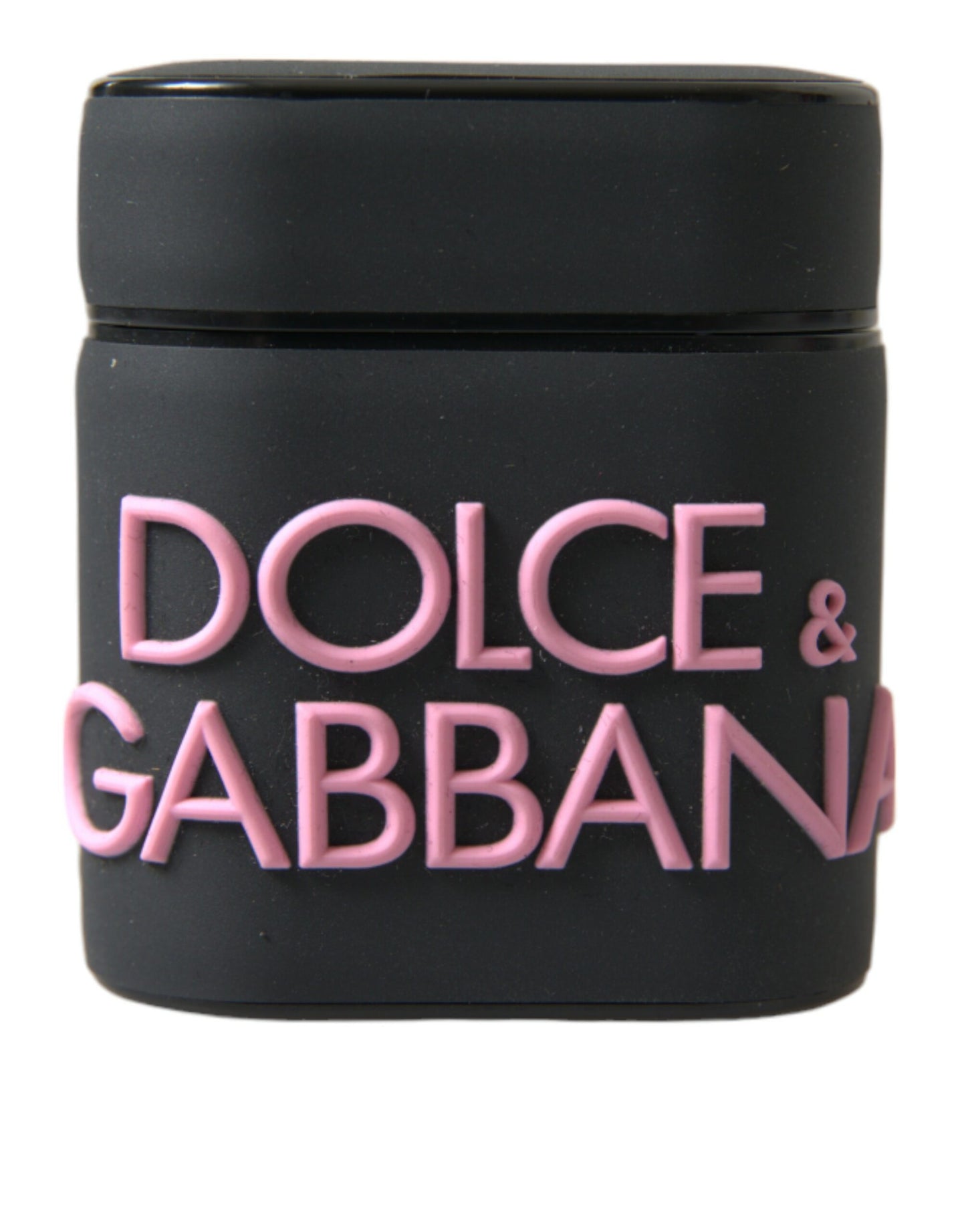 Estuche para Airpods Dolce & Gabbana de silicona negra con logotipo en relieve rosa