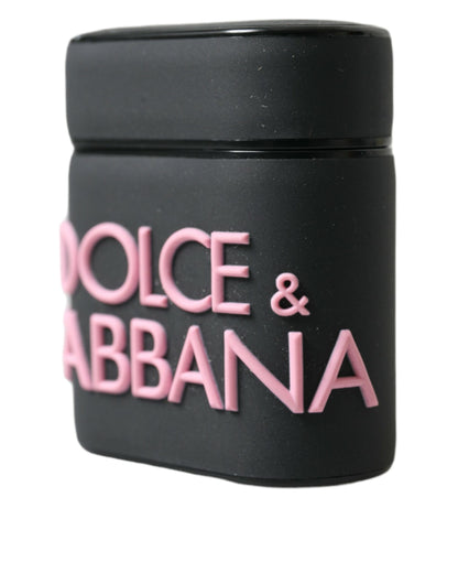 Estuche para Airpods Dolce & Gabbana de silicona negra con logotipo en relieve rosa