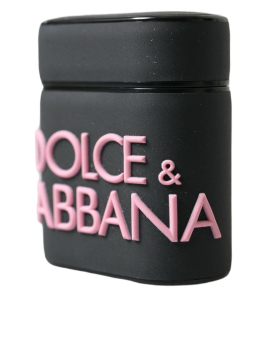 Estuche para Airpods Dolce & Gabbana de silicona negra con logotipo en relieve rosa