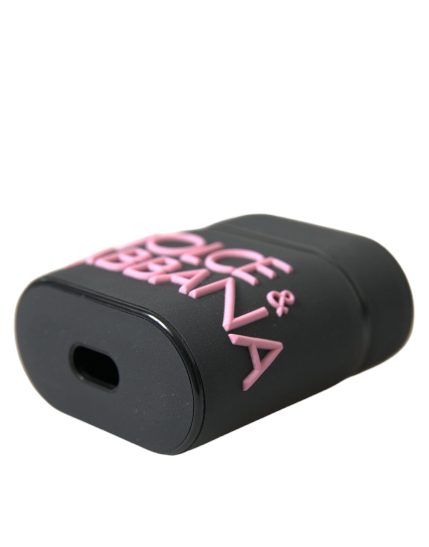 Estuche para Airpods Dolce & Gabbana de silicona negra con logotipo en relieve rosa