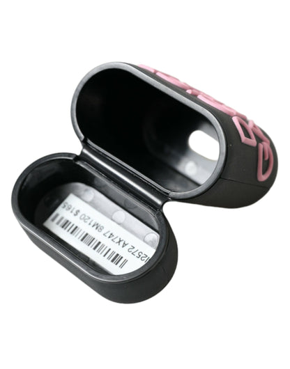 Estuche para Airpods Dolce & Gabbana de silicona negra con logotipo en relieve rosa