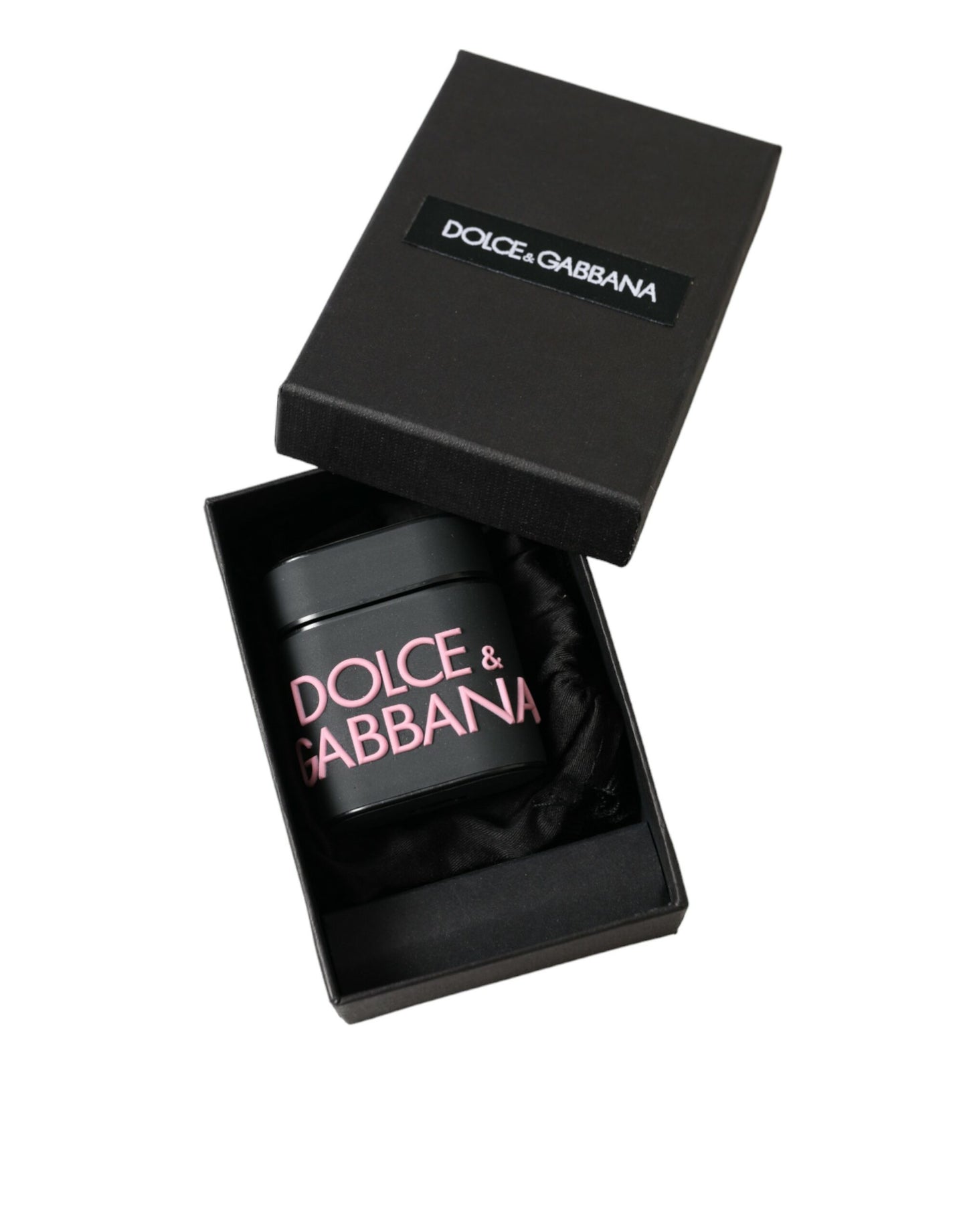 Estuche para Airpods Dolce & Gabbana de silicona negra con logotipo en relieve rosa