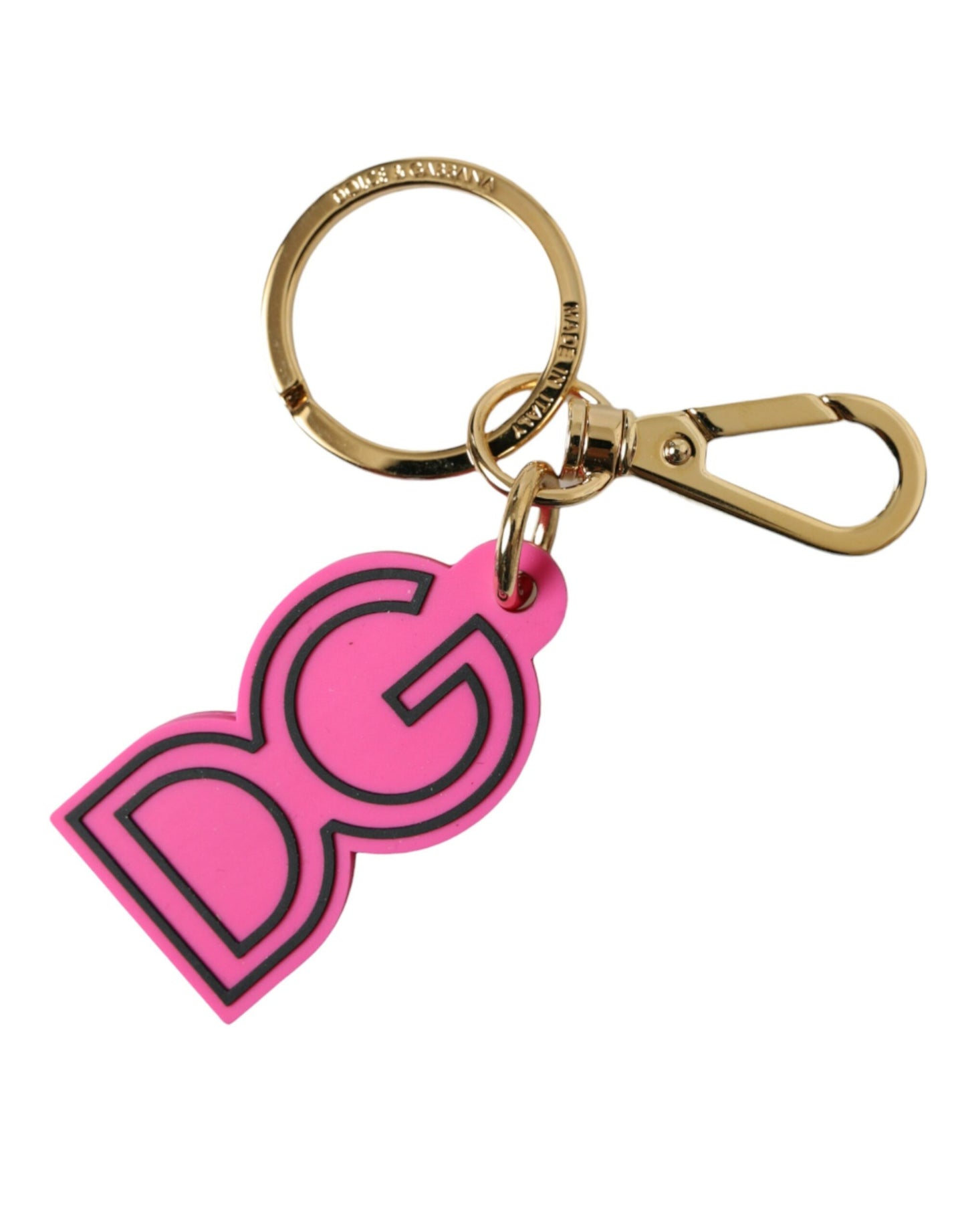 Llavero Dolce & Gabbana rosa de goma con logo DG de metal dorado