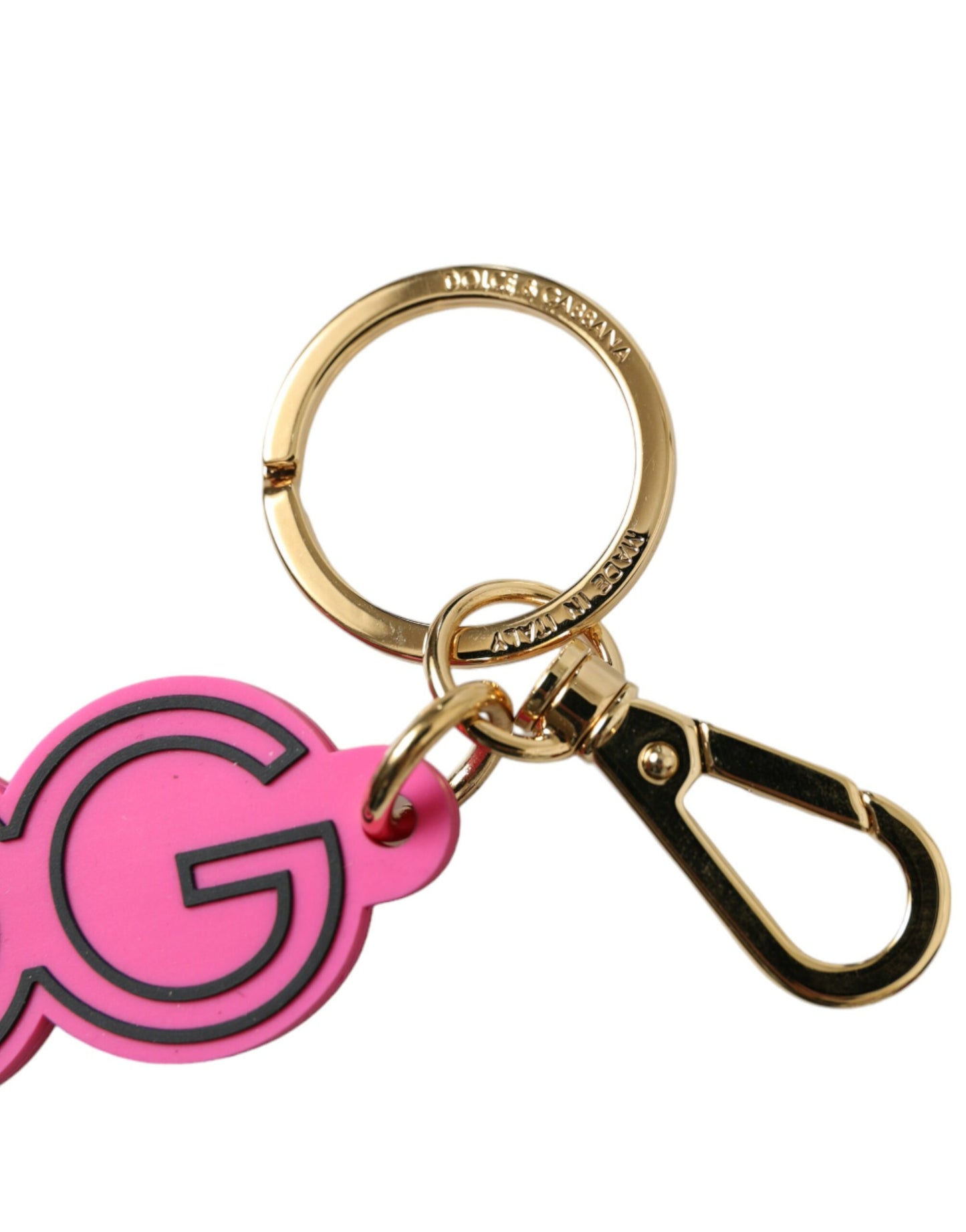 Llavero Dolce & Gabbana rosa de goma con logo DG de metal dorado