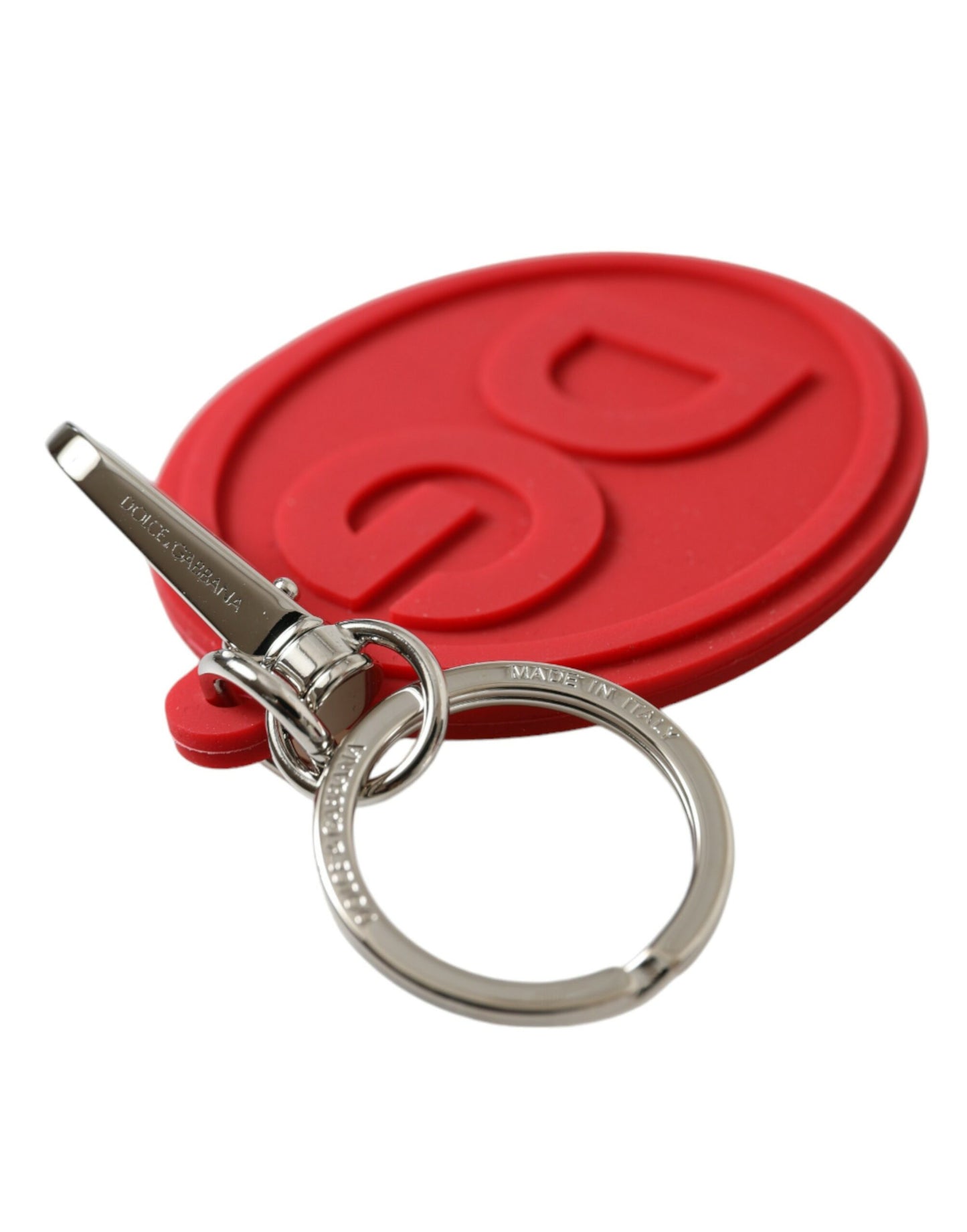 Llavero Dolce & Gabbana de goma roja con logotipo DG y metal de latón plateado