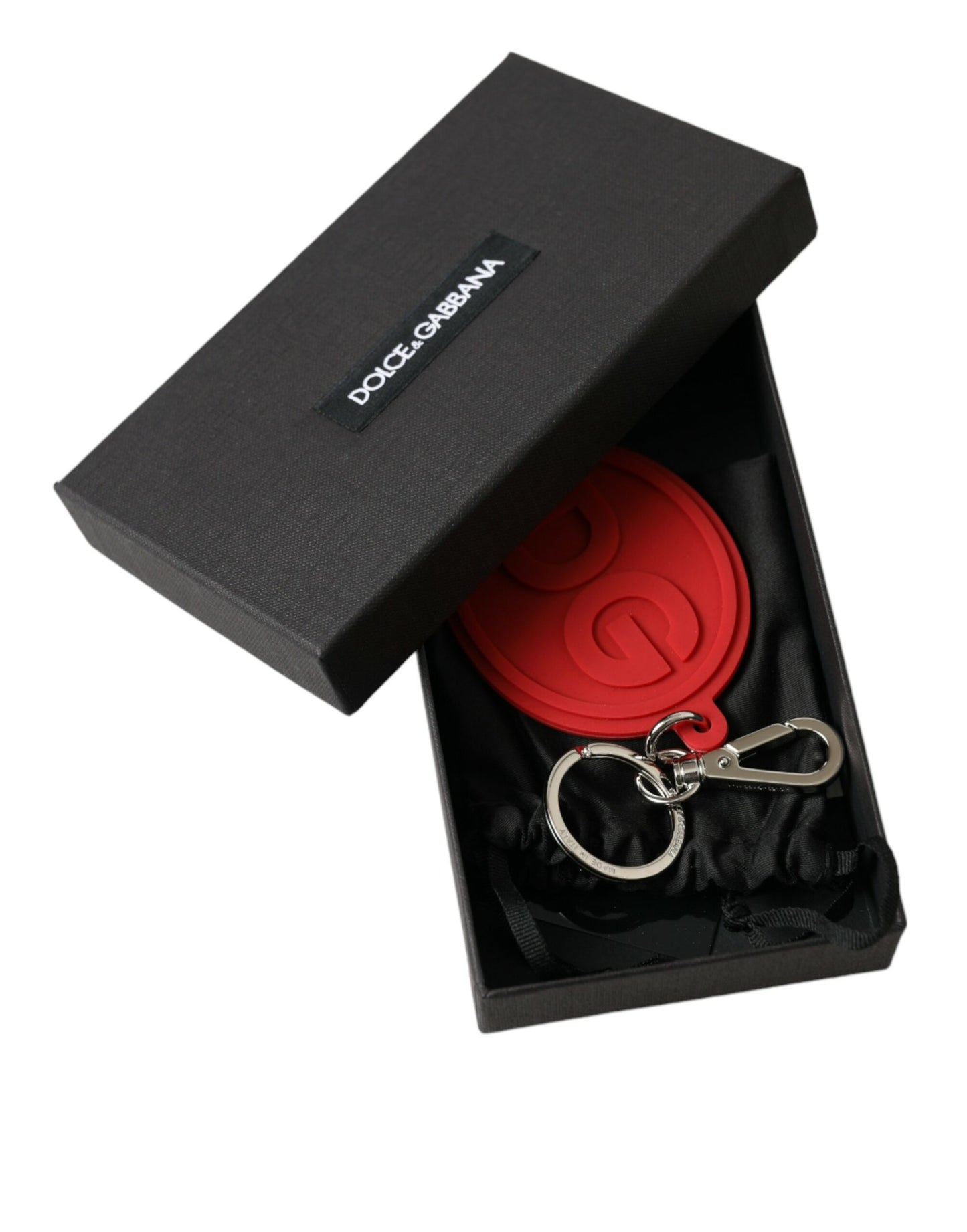 Llavero Dolce & Gabbana de goma roja con logotipo DG y metal de latón plateado