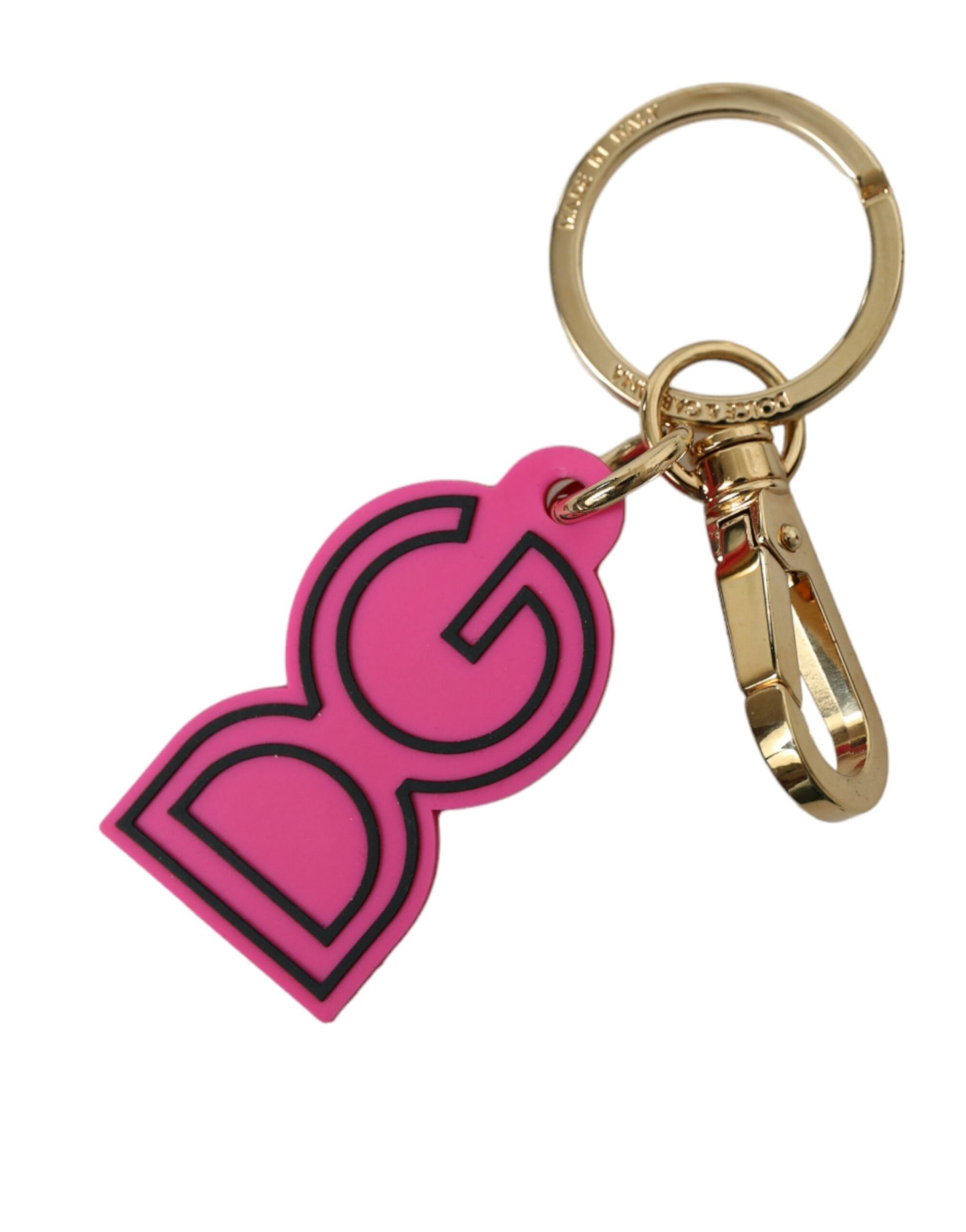 Llavero Dolce & Gabbana rosa de goma con logo DG de metal dorado