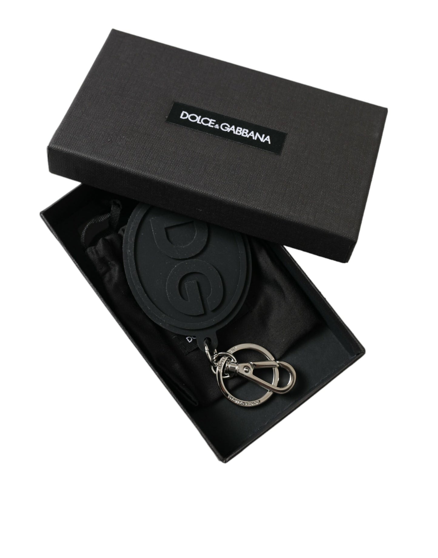 Llavero Dolce & Gabbana de goma negra con logo DG y herrajes de latón plateado