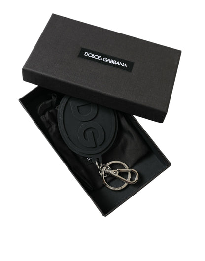 Llavero Dolce & Gabbana de goma negra con logo DG y herrajes de latón plateado