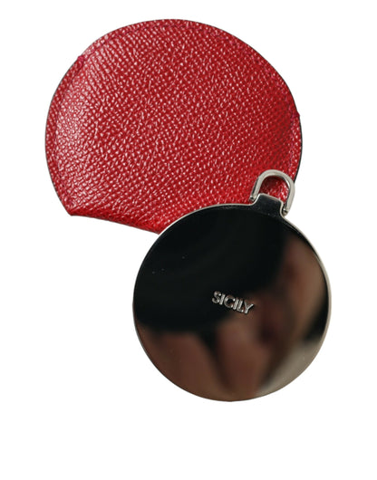 Estuche de espejo de mano redondo con logo de Dolce & Gabbana en piel de becerro roja