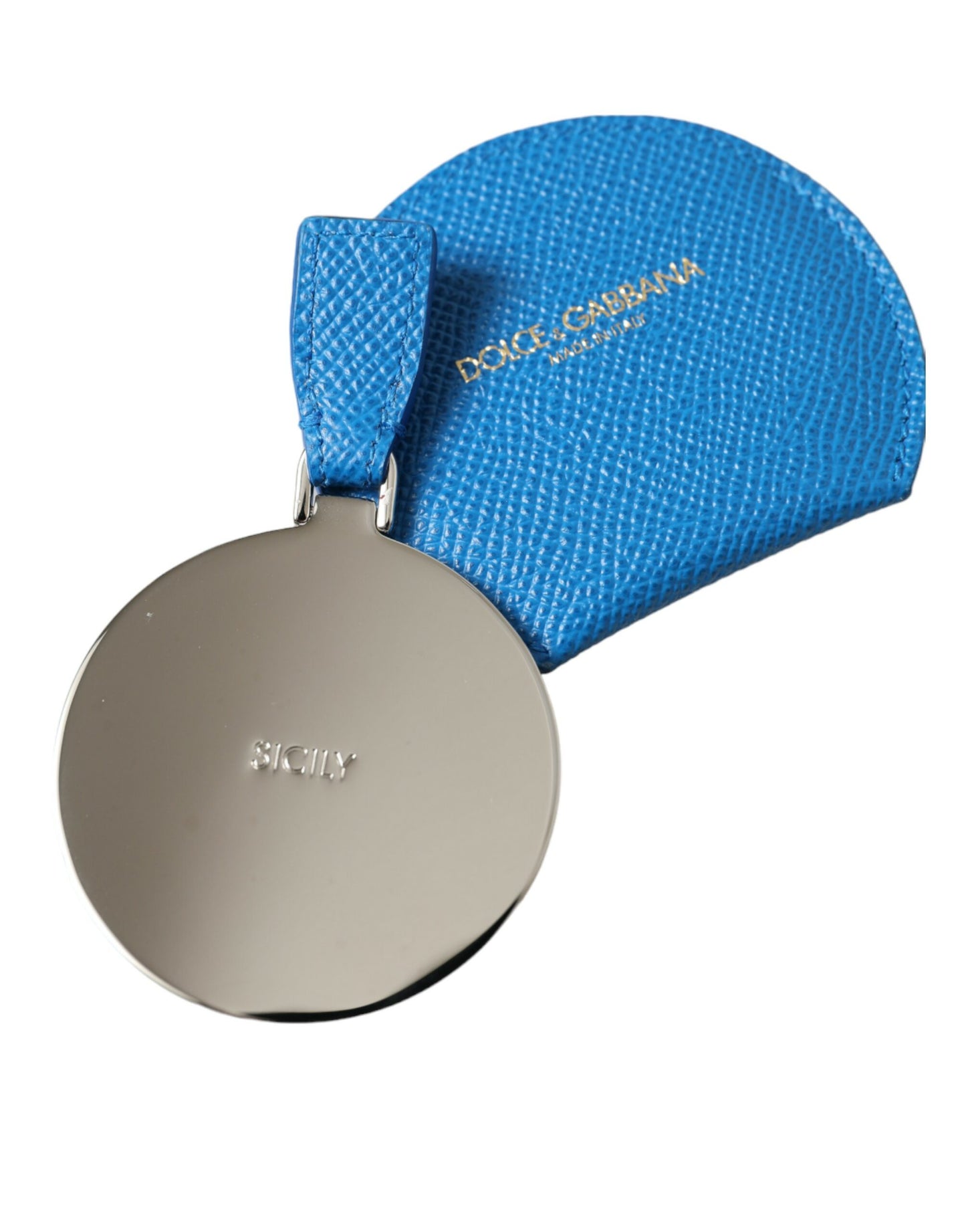 Estuche para espejo de mano con logotipo redondo de piel de becerro azul de Dolce & Gabbana