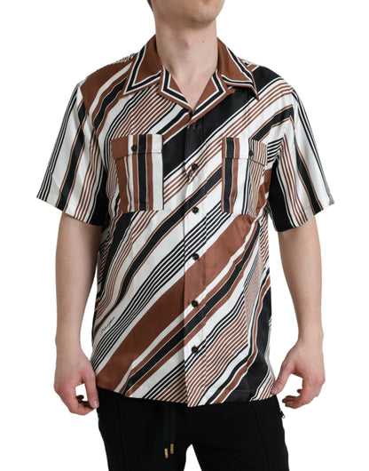 Camisa de manga corta de seda a rayas blancas y marrones de Dolce & Gabbana