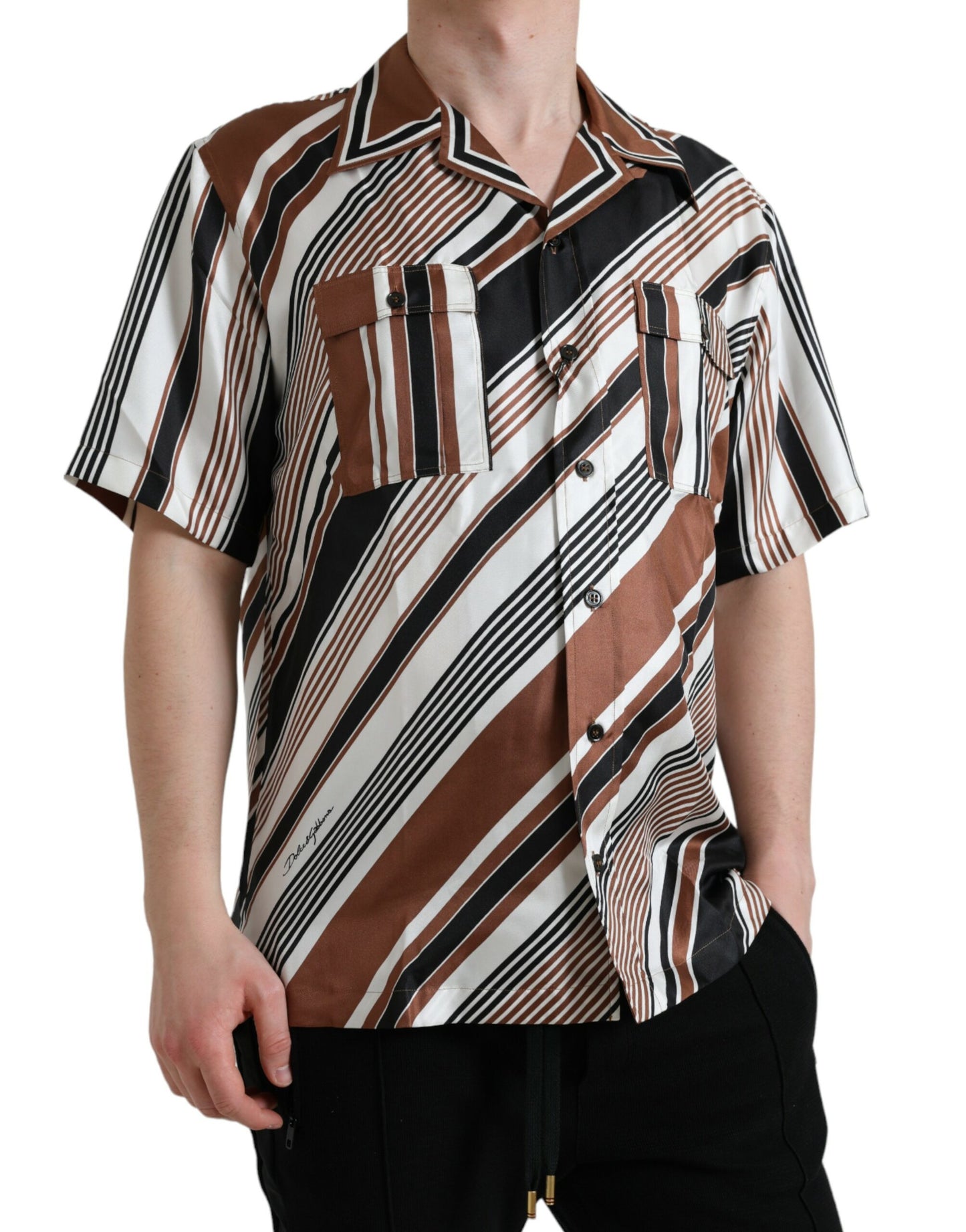Camisa de manga corta de seda a rayas blancas y marrones de Dolce & Gabbana
