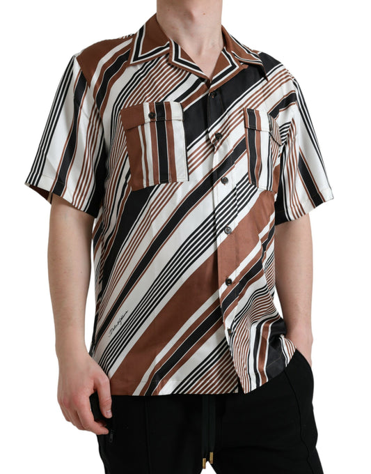 Camisa de manga corta de seda a rayas blancas y marrones de Dolce & Gabbana