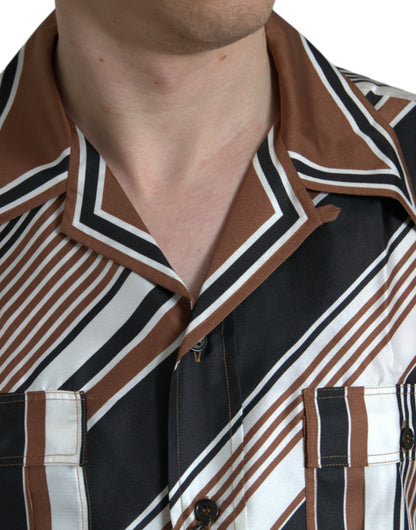 Camisa de manga corta de seda a rayas blancas y marrones de Dolce & Gabbana
