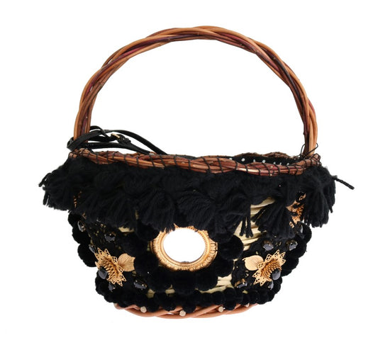 Bolso Agnese de Dolce & Gabbana de paja beige, piel de serpiente, pompón y cristales