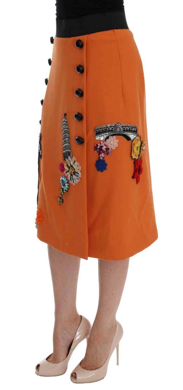 Falda Dolce & Gabbana de Lana Naranja con Aplicaciones de Lentejuelas de Cristal