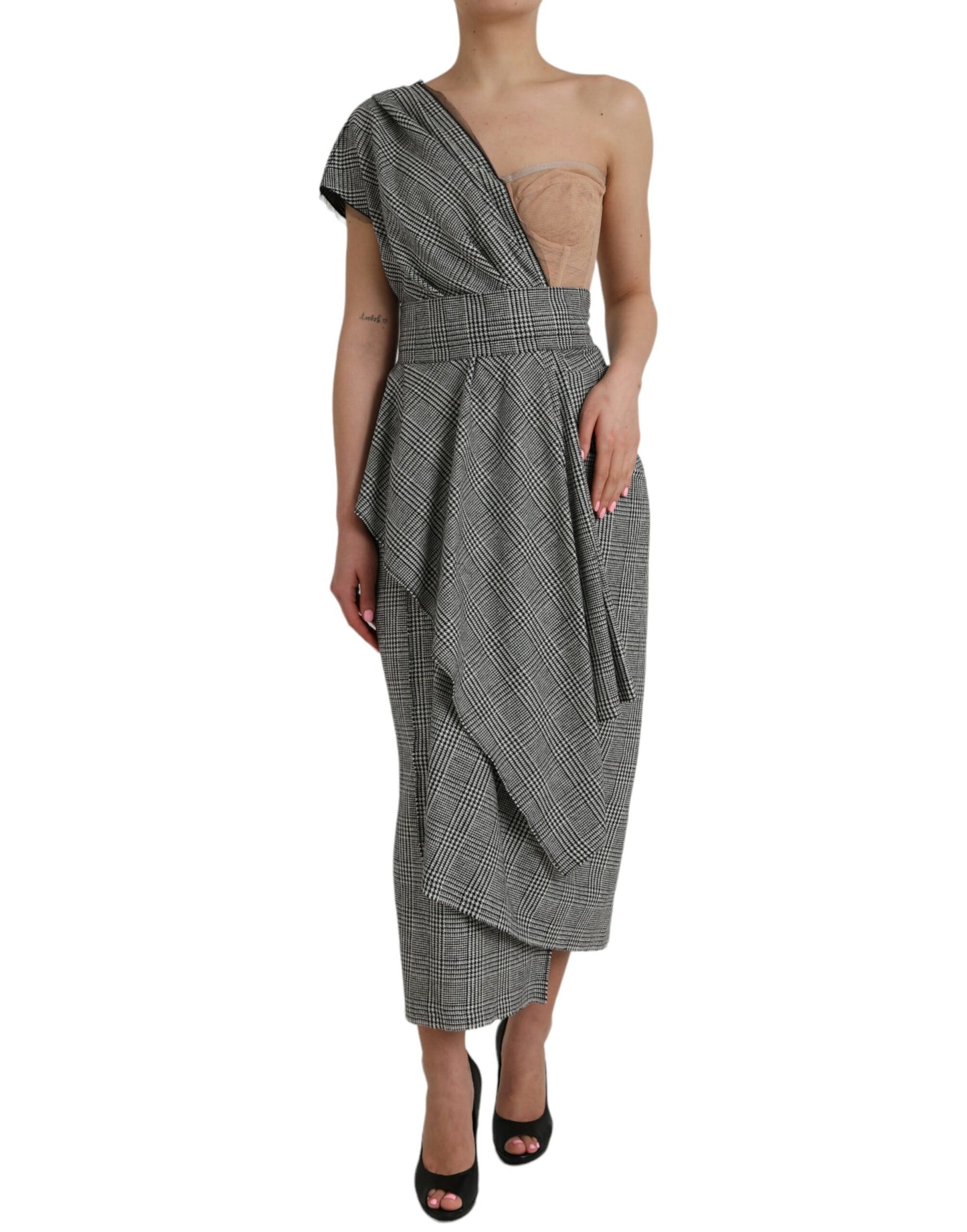 Vestido largo de un solo hombro con capas en gris beige de Dolce & Gabbana