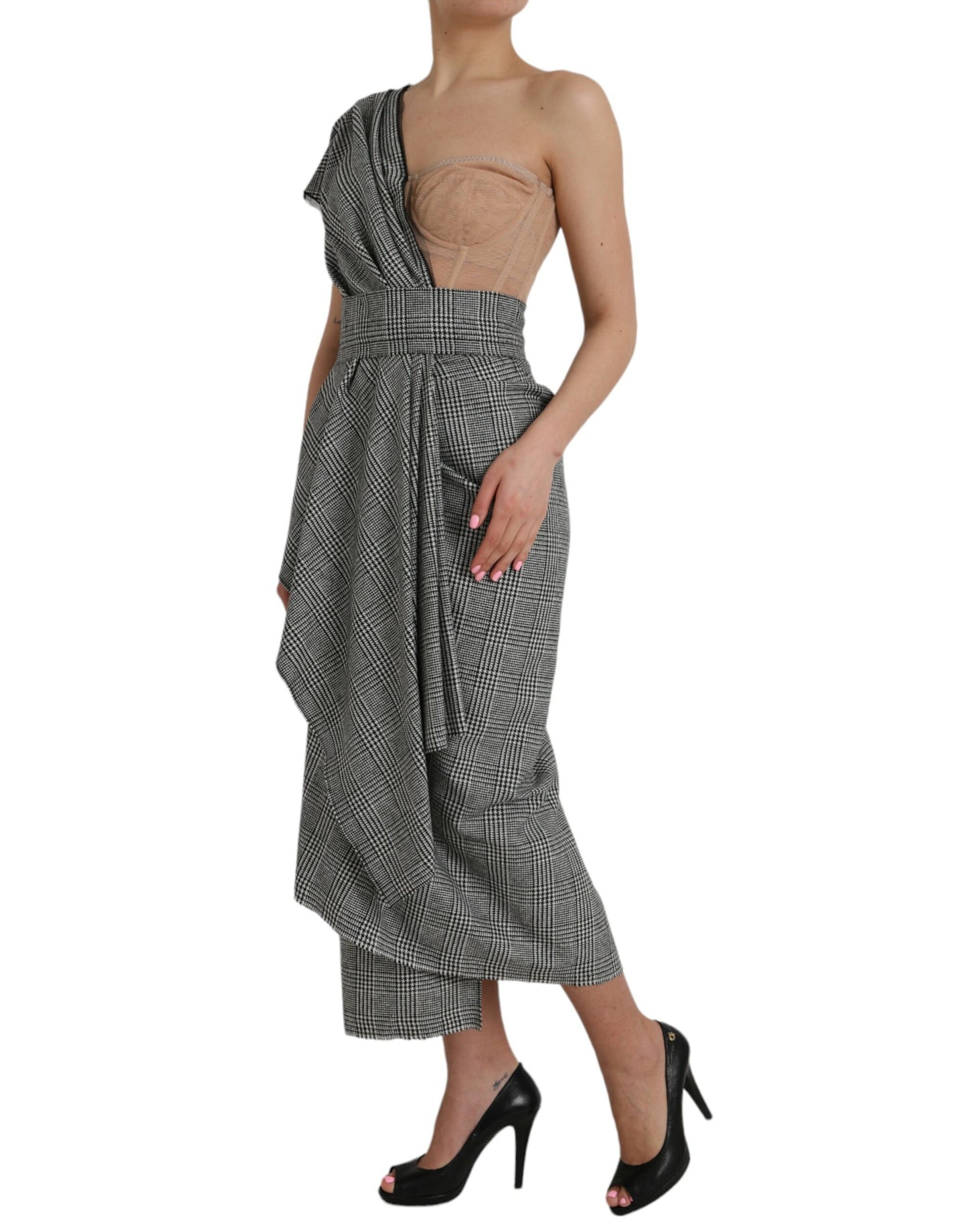 Vestido largo de un solo hombro con capas en gris beige de Dolce & Gabbana