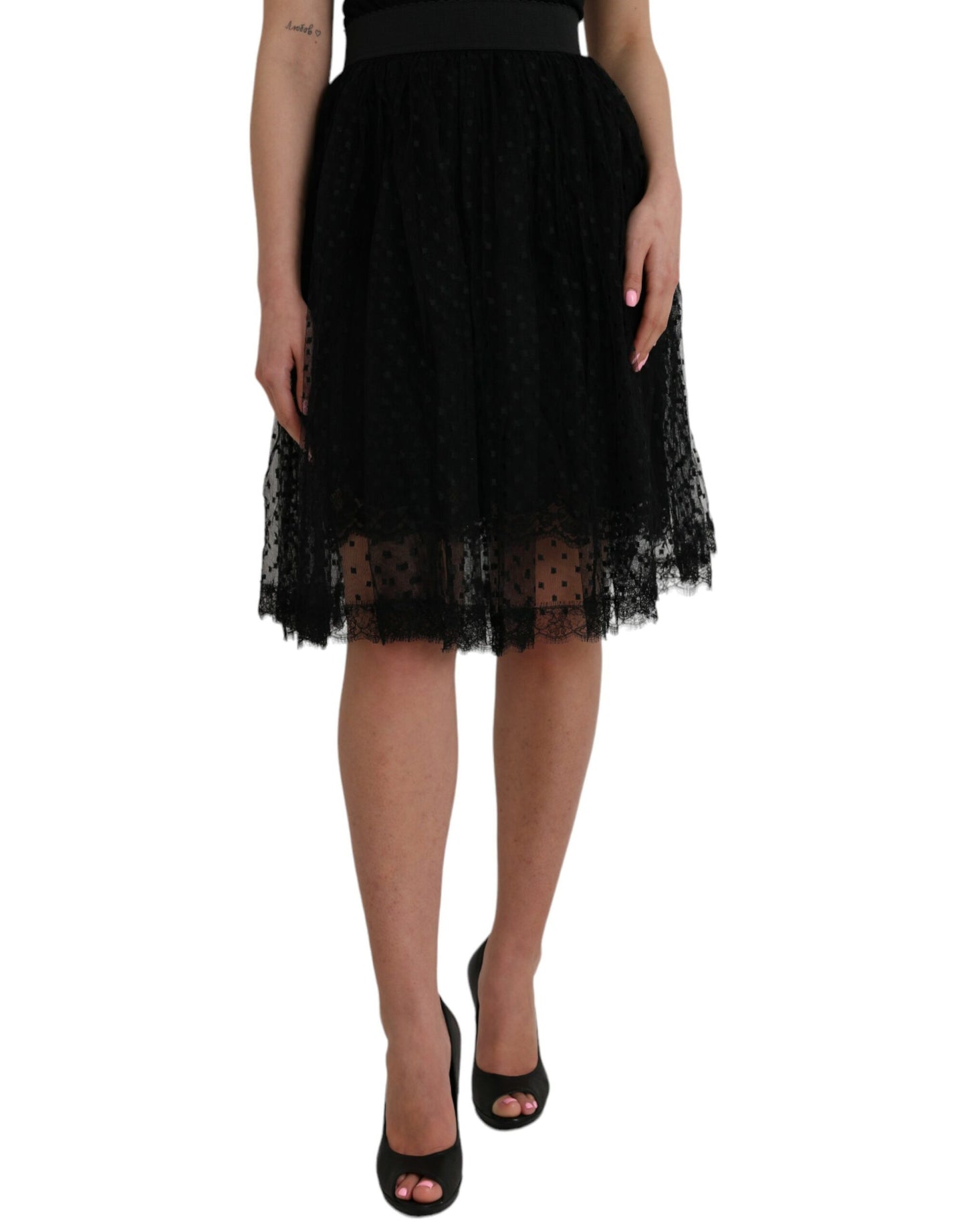 Falda de talle alto con adornos de encaje y línea A de nailon negro de Dolce & Gabbana