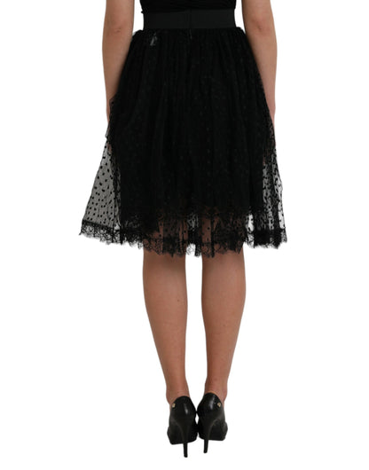 Falda de talle alto con adornos de encaje y línea A de nailon negro de Dolce & Gabbana