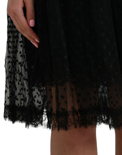 Falda de talle alto con adornos de encaje y línea A de nailon negro de Dolce & Gabbana