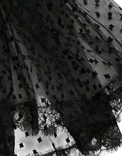 Falda de talle alto con adornos de encaje y línea A de nailon negro de Dolce & Gabbana
