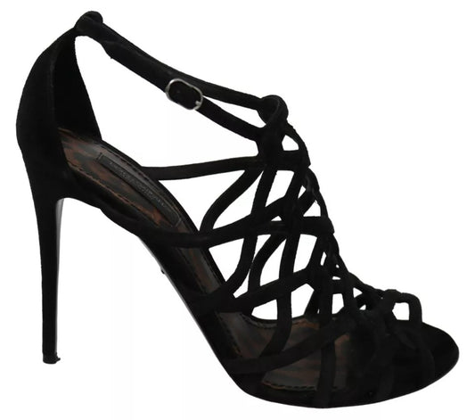 Zapatos de tacón de aguja de ante negro con correa al tobillo de Dolce & Gabbana