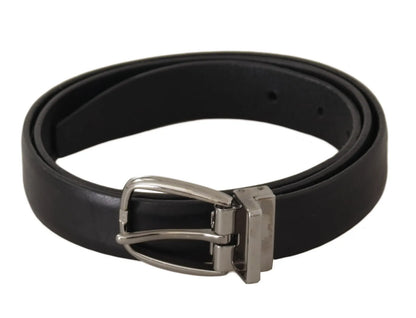 Dolce & Gabbana Cinturón Clásico de Piel Negra con Hebilla de Metal Tono Plateado