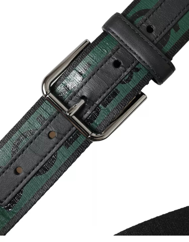 Cinturón Dolce & Gabbana Negro Verde con Logo y Hebilla de Metal Plateado