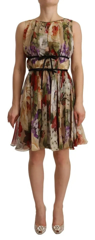 Vestido mini sin mangas con cuello redondo y estampado floral beige de Dolce & Gabbana