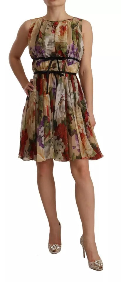 Vestido mini sin mangas con cuello redondo y estampado floral beige de Dolce & Gabbana