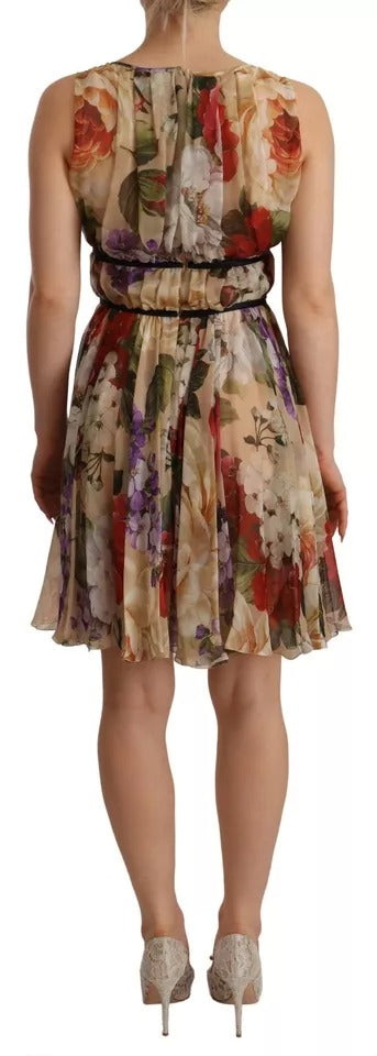 Vestido mini sin mangas con cuello redondo y estampado floral beige de Dolce & Gabbana