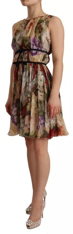 Vestido mini sin mangas con cuello redondo y estampado floral beige de Dolce & Gabbana