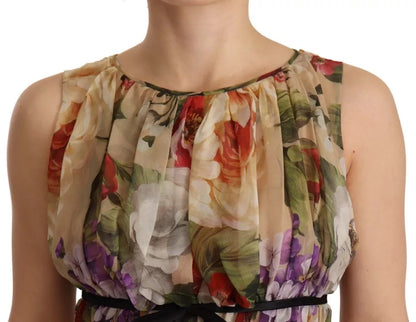 Vestido mini sin mangas con cuello redondo y estampado floral beige de Dolce & Gabbana