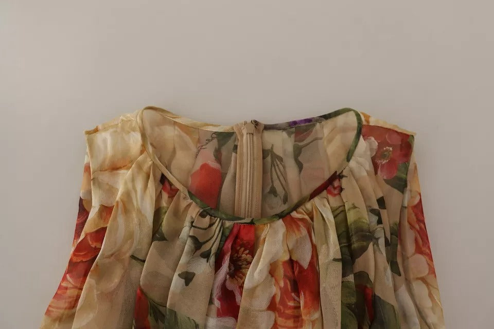 Vestido mini sin mangas con cuello redondo y estampado floral beige de Dolce & Gabbana