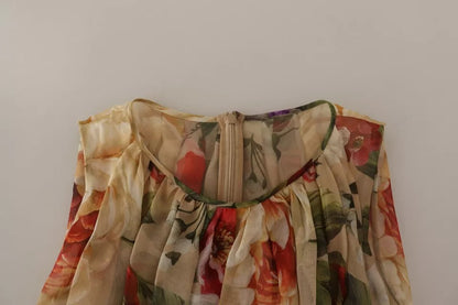 Vestido mini sin mangas con cuello redondo y estampado floral beige de Dolce & Gabbana