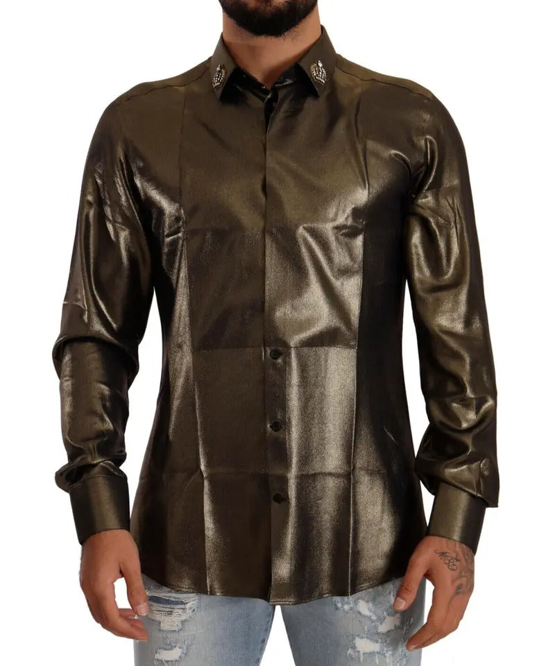 Top camisa de seda dorado metálico DG bordado con corona de Dolce & Gabbana