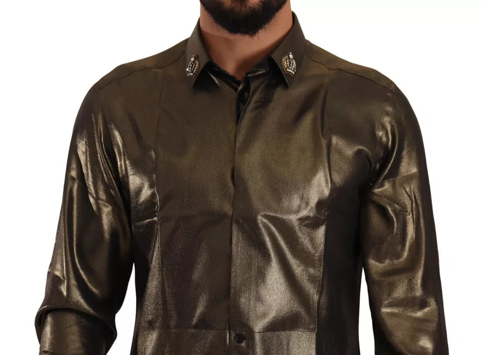 Top camisa de seda dorado metálico DG bordado con corona de Dolce & Gabbana