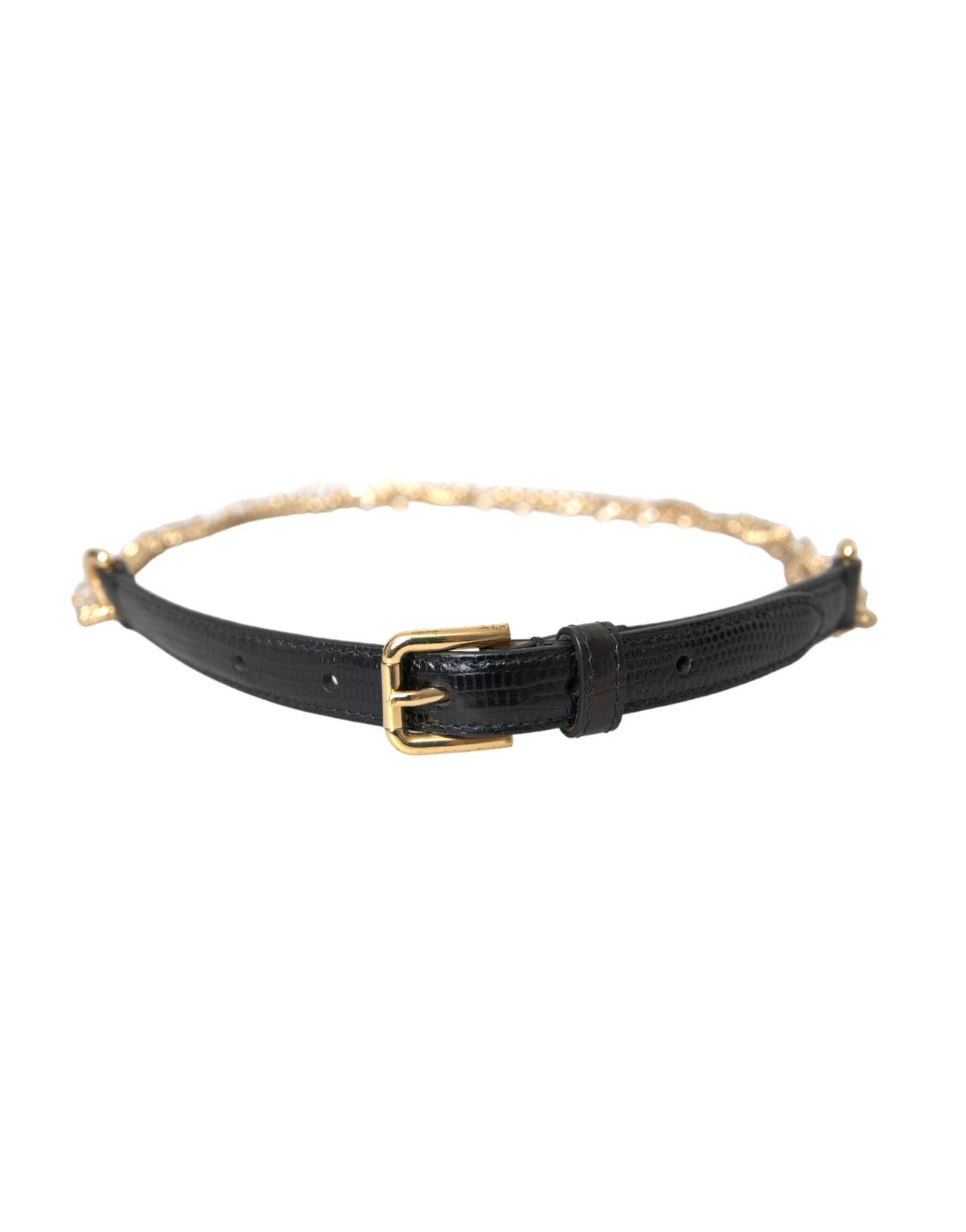 Cinturón para mujer Dolce & Gabbana de piel negra con cadena dorada y cristales