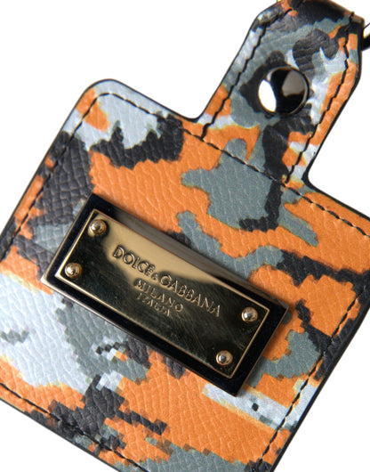Estuche para Airpods Dolce & Gabbana de piel con estampado de camuflaje multicolor y logotipo metálico