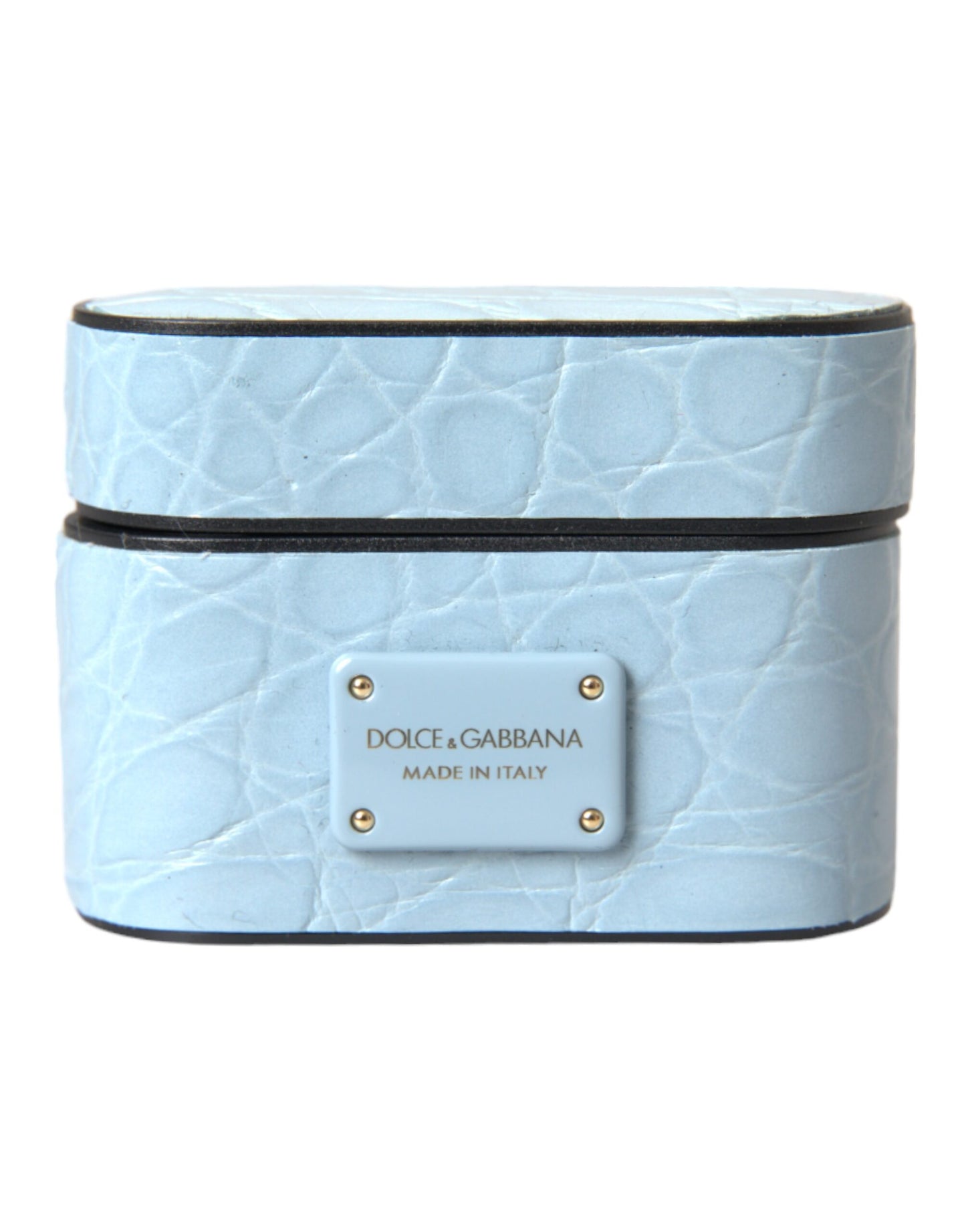 Funda para Airpods Dolce & Gabbana de cuero azul claro con placa metálica del logo
