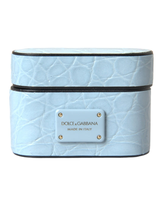 Funda para Airpods Dolce & Gabbana de cuero azul claro con placa metálica del logo