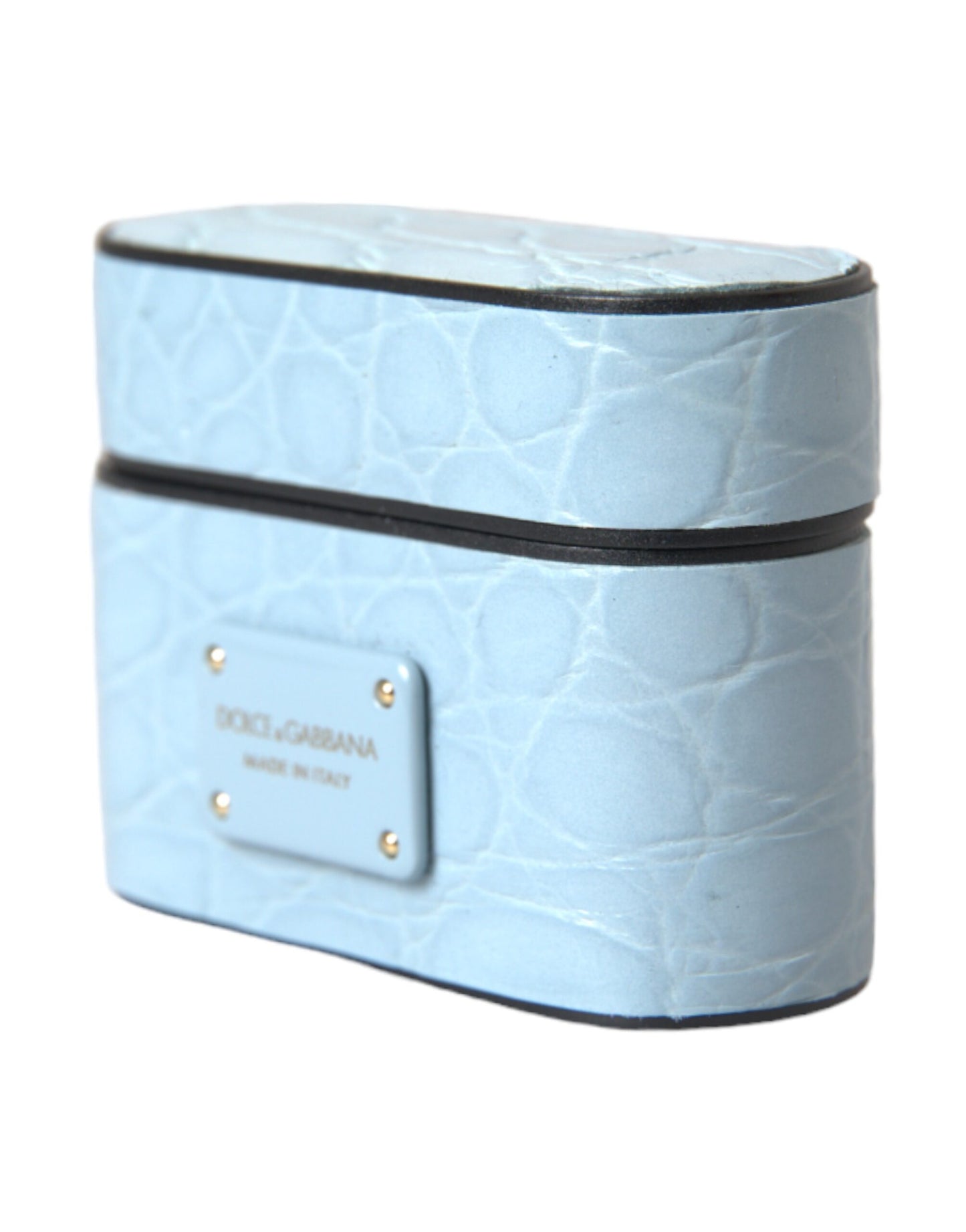 Funda para Airpods Dolce & Gabbana de cuero azul claro con placa metálica del logo
