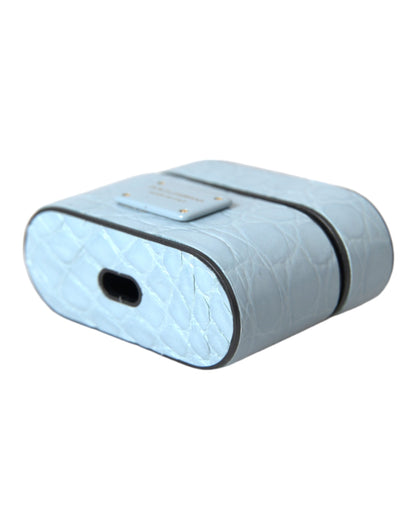Funda para Airpods Dolce & Gabbana de cuero azul claro con placa metálica del logo