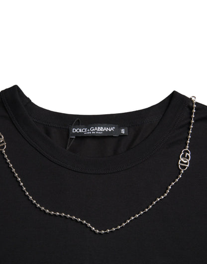 Camiseta de manga corta de algodón negro con cadena plateada de Dolce & Gabbana