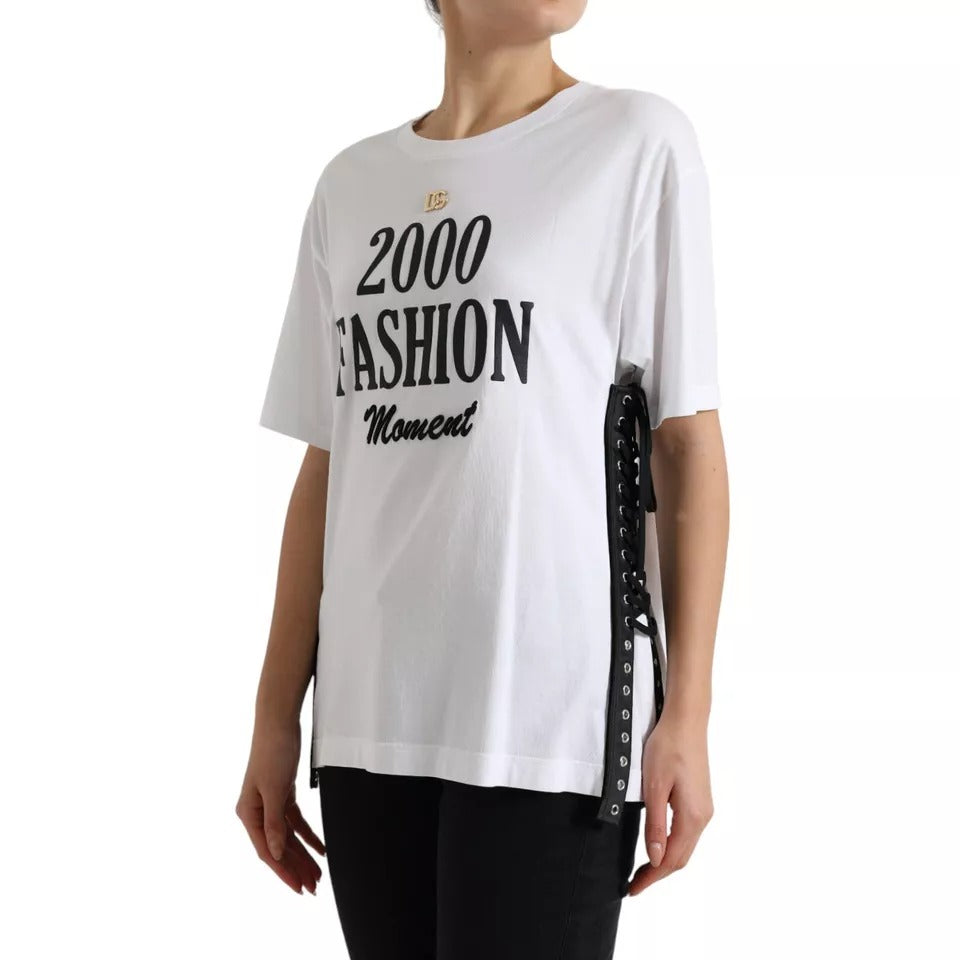 Dolce & Gabbana Camiseta blanca con estampado de eslogan y detalles de cordones