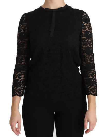 Blusa de nailon de encaje negro de manga larga Dolce & Gabbana