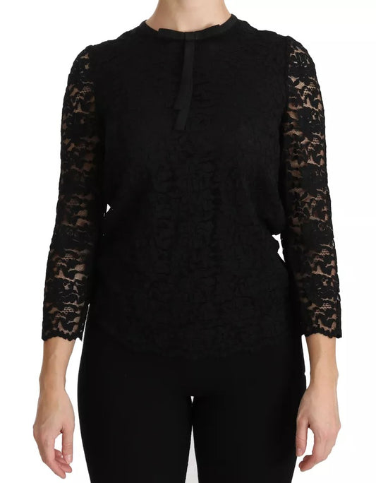 Blusa de nailon de encaje negro de manga larga Dolce & Gabbana